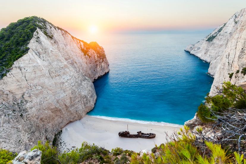 Navagio beach at sunset, Zakynthos, Greece