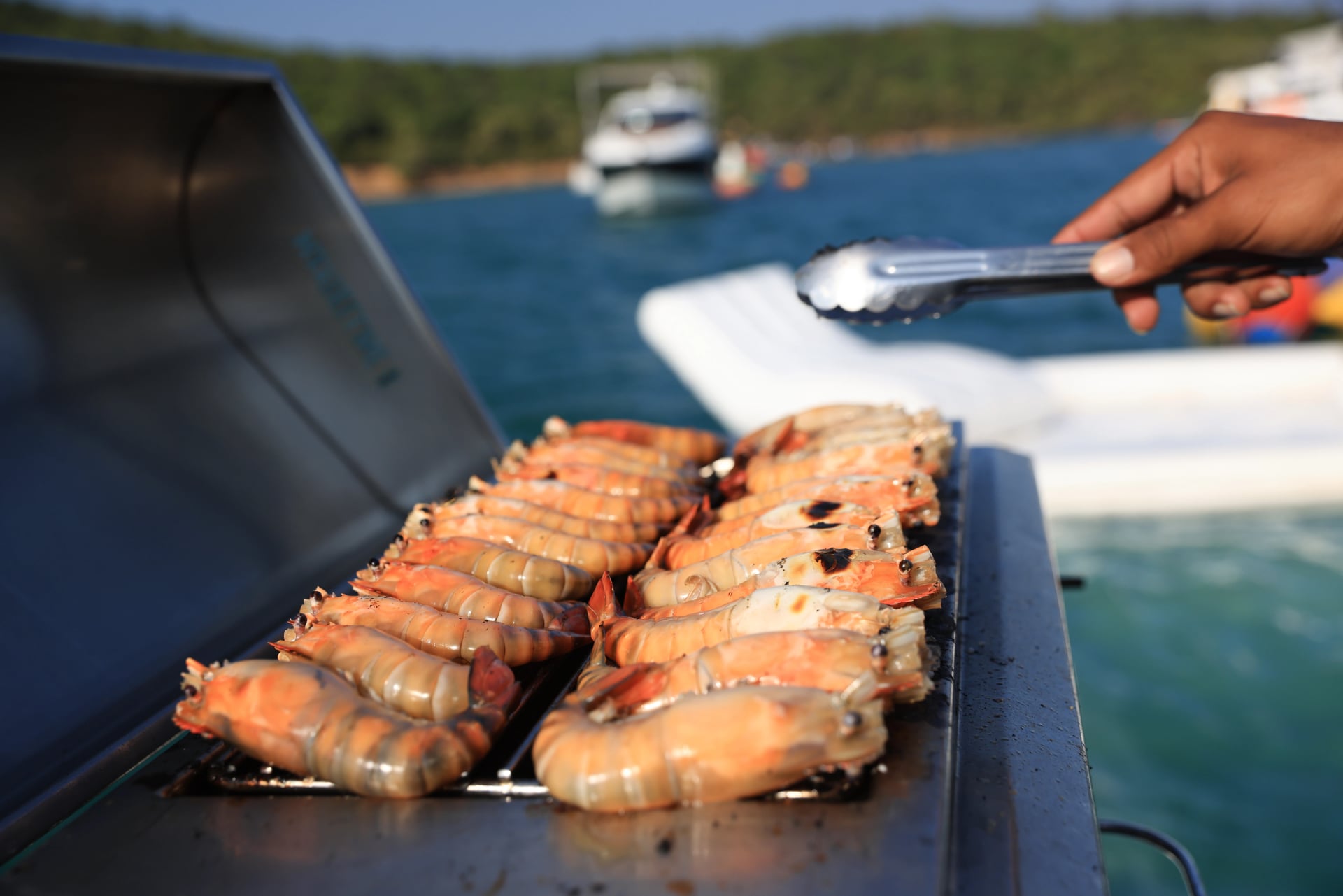 Grilling food, shrimp on a stove on a yacht