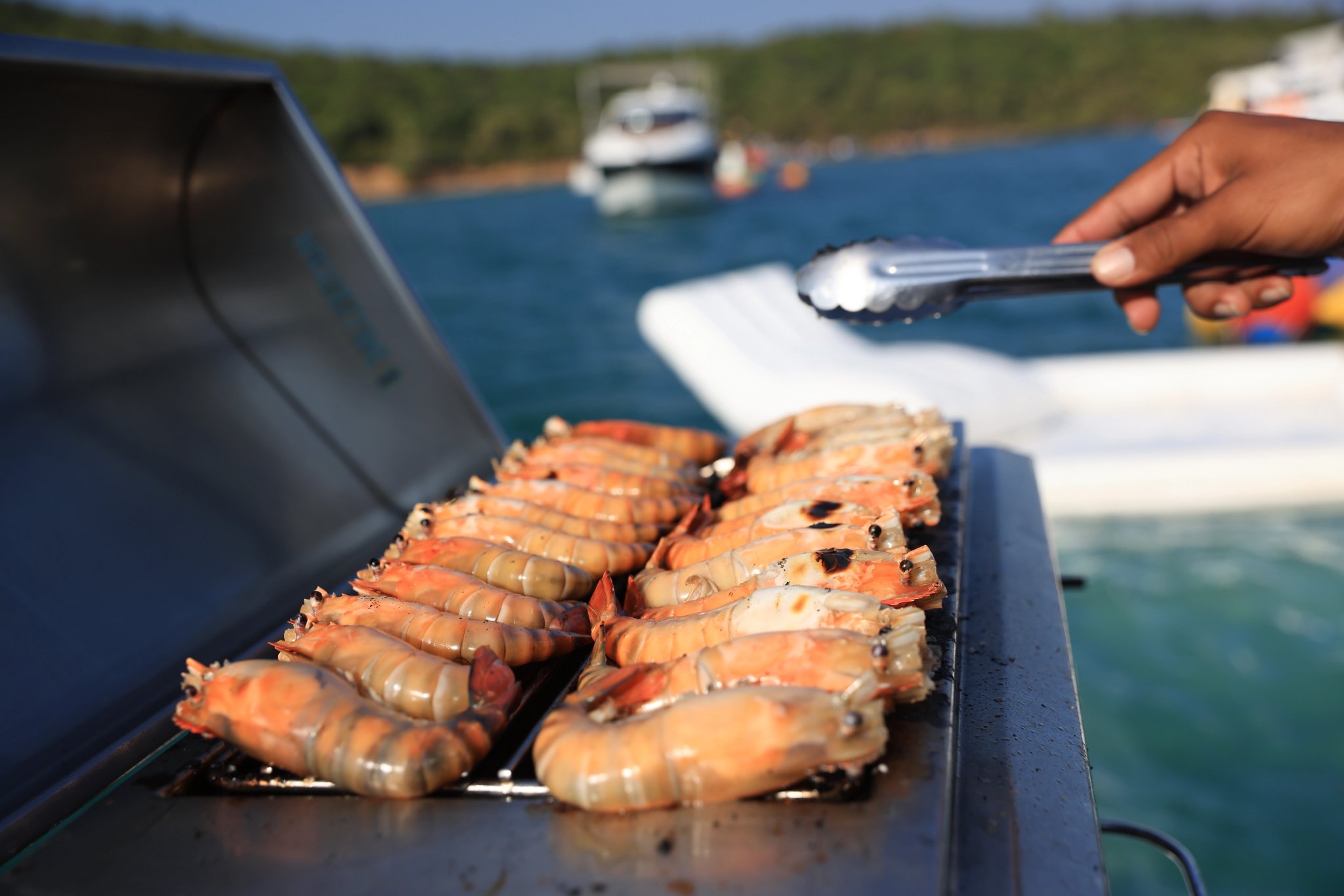 Grilling food, shrimp on a stove on a yacht