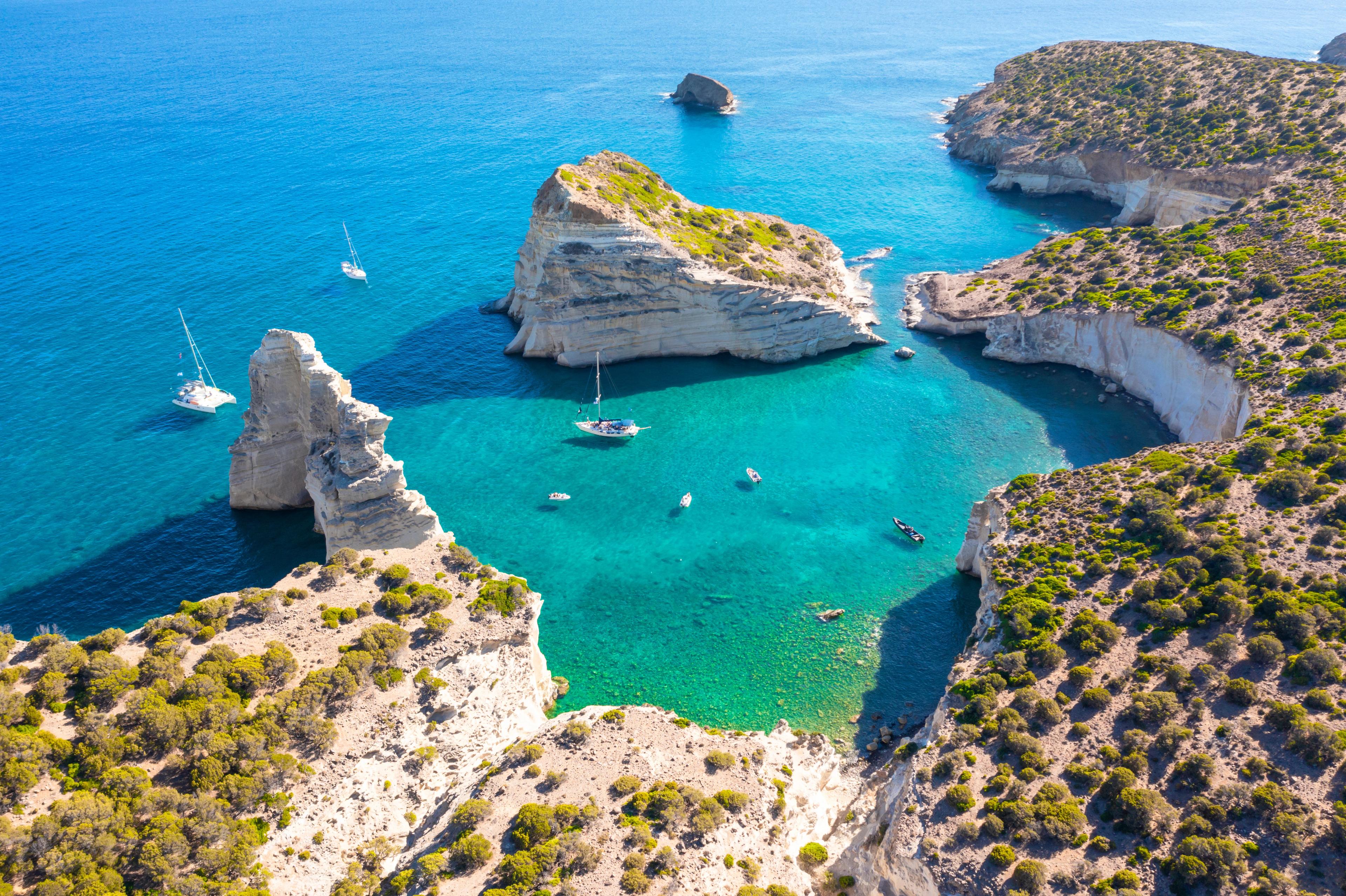 Kleftiko Bay, a scenic attraction with white volcanic rocks and caves. Milos Island, Greece