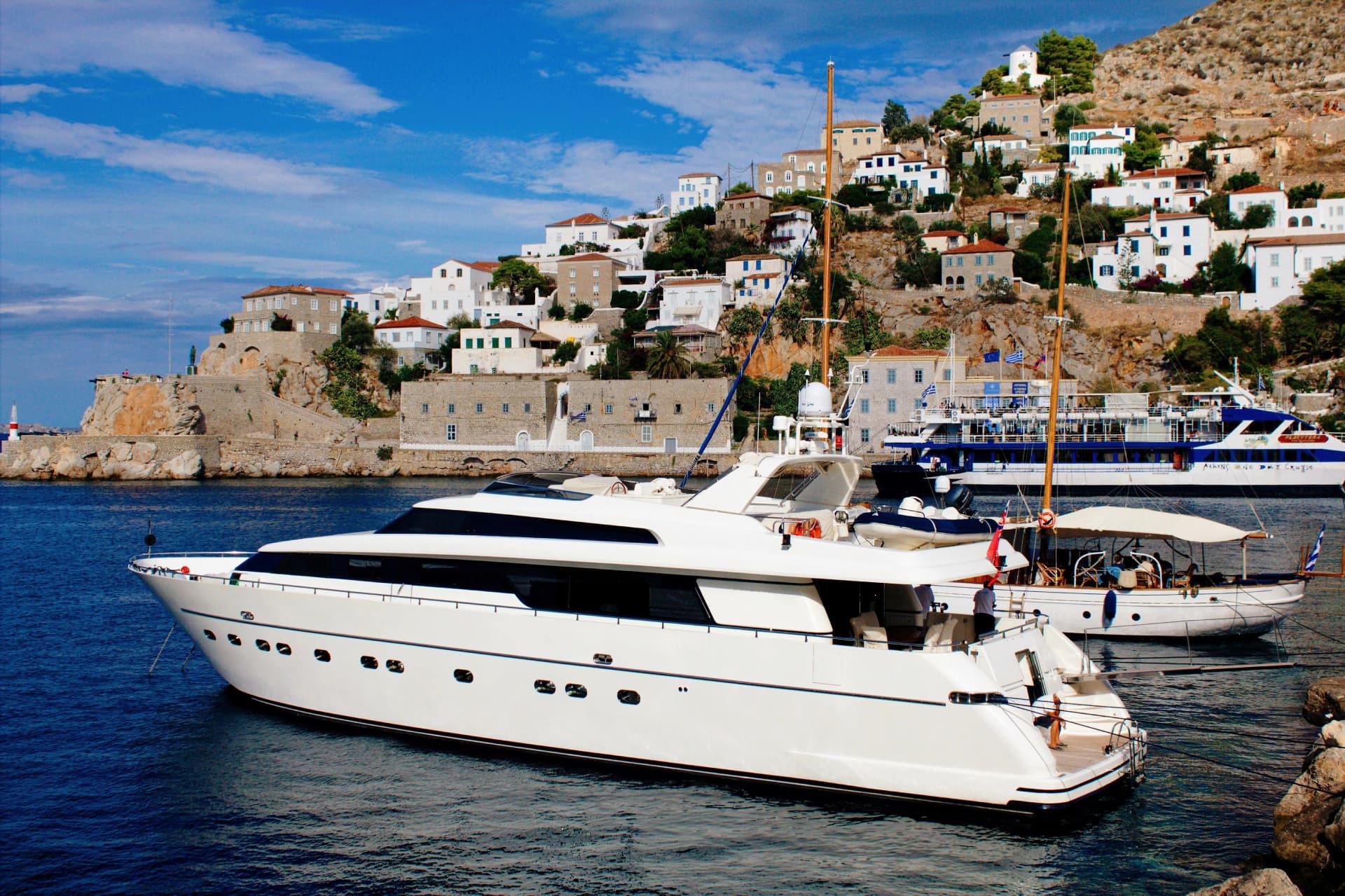 A yacht at the port of Hydra island, Greece, September 26 2015.