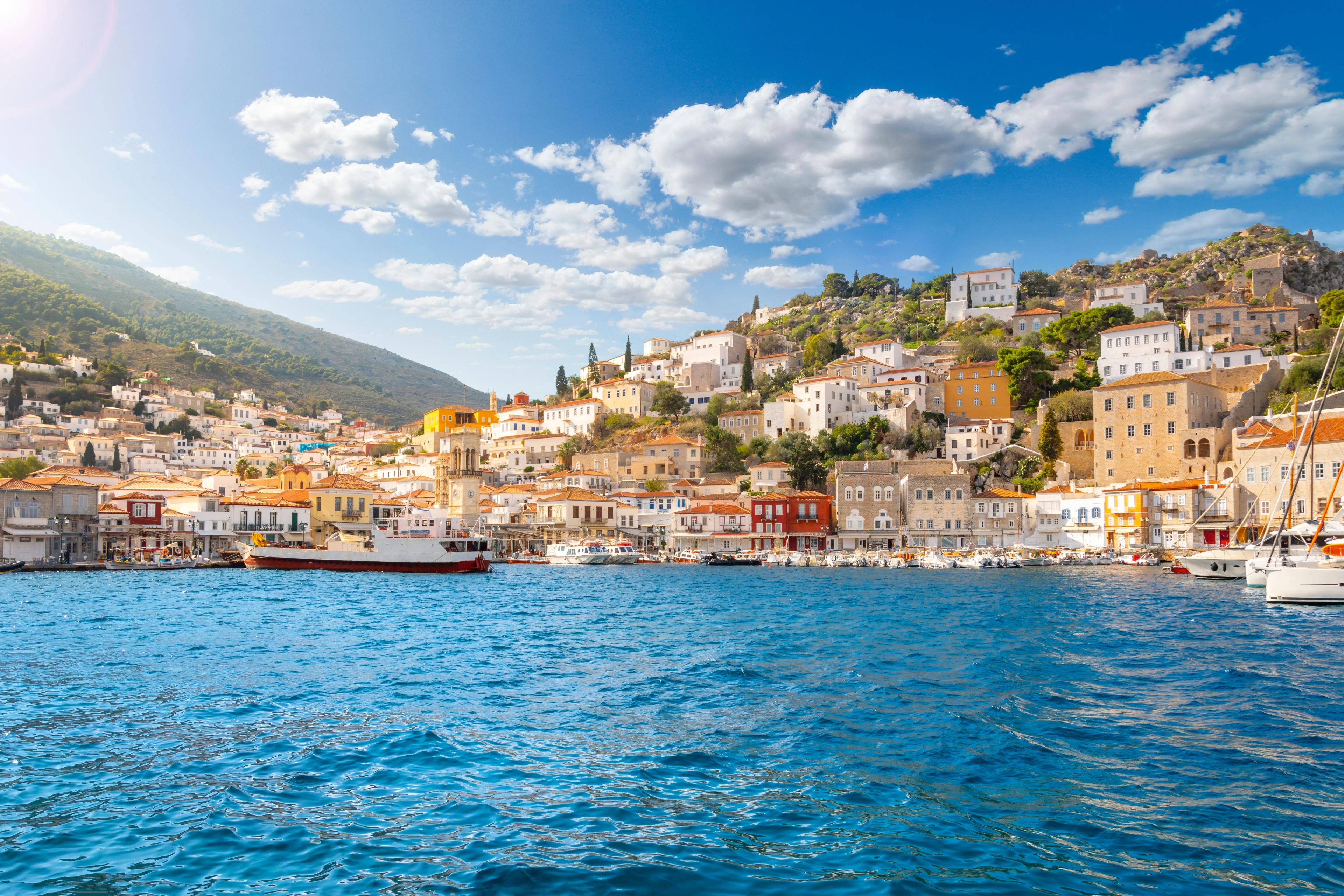 The harbor and port at the Greek island waterfront village of Hydra, one of the Saronic islands of Greece.