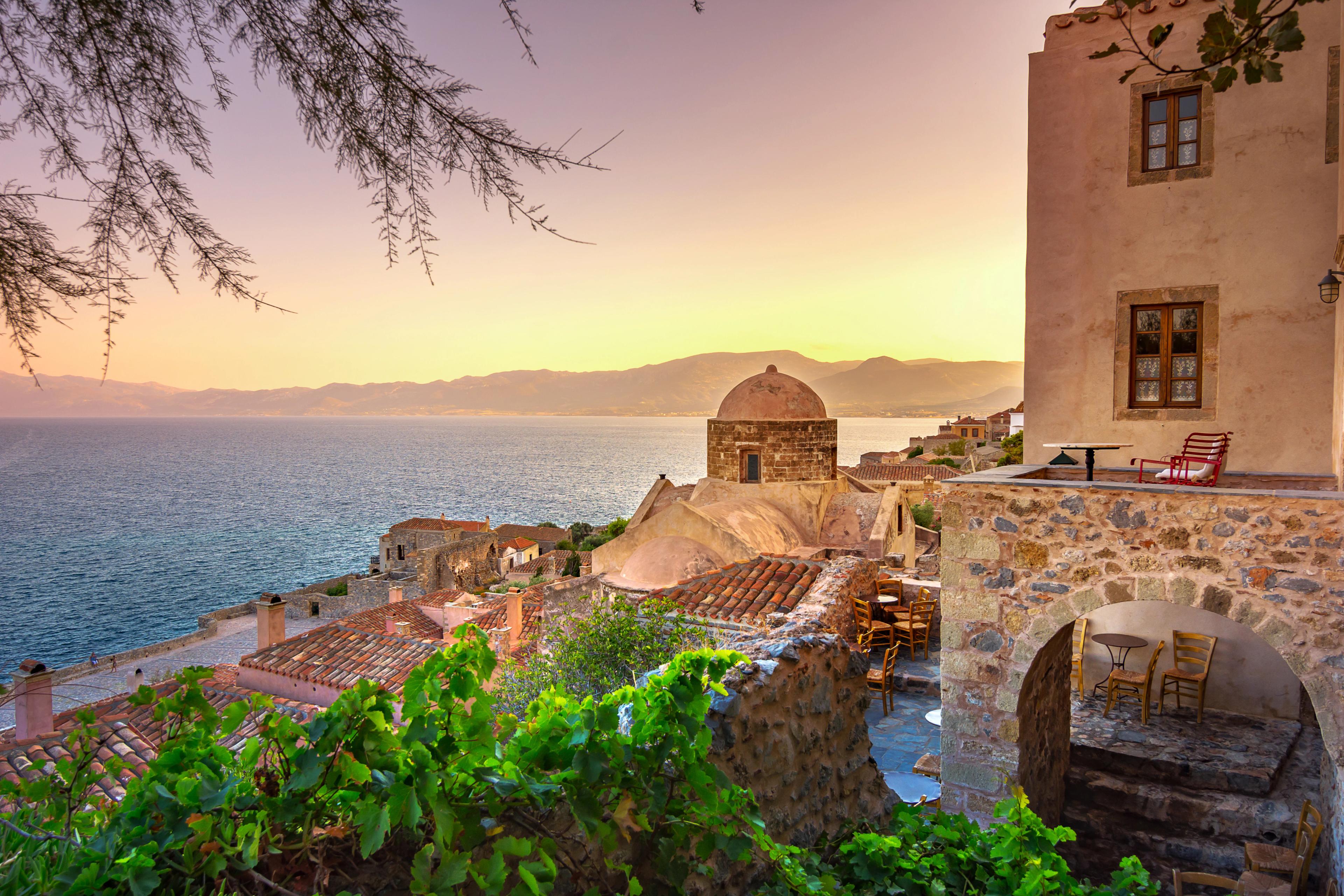 The medieval "castletown" of Monemvasia, often called "The Greek Gibraltar", Lakonia, Peloponnese, Greece