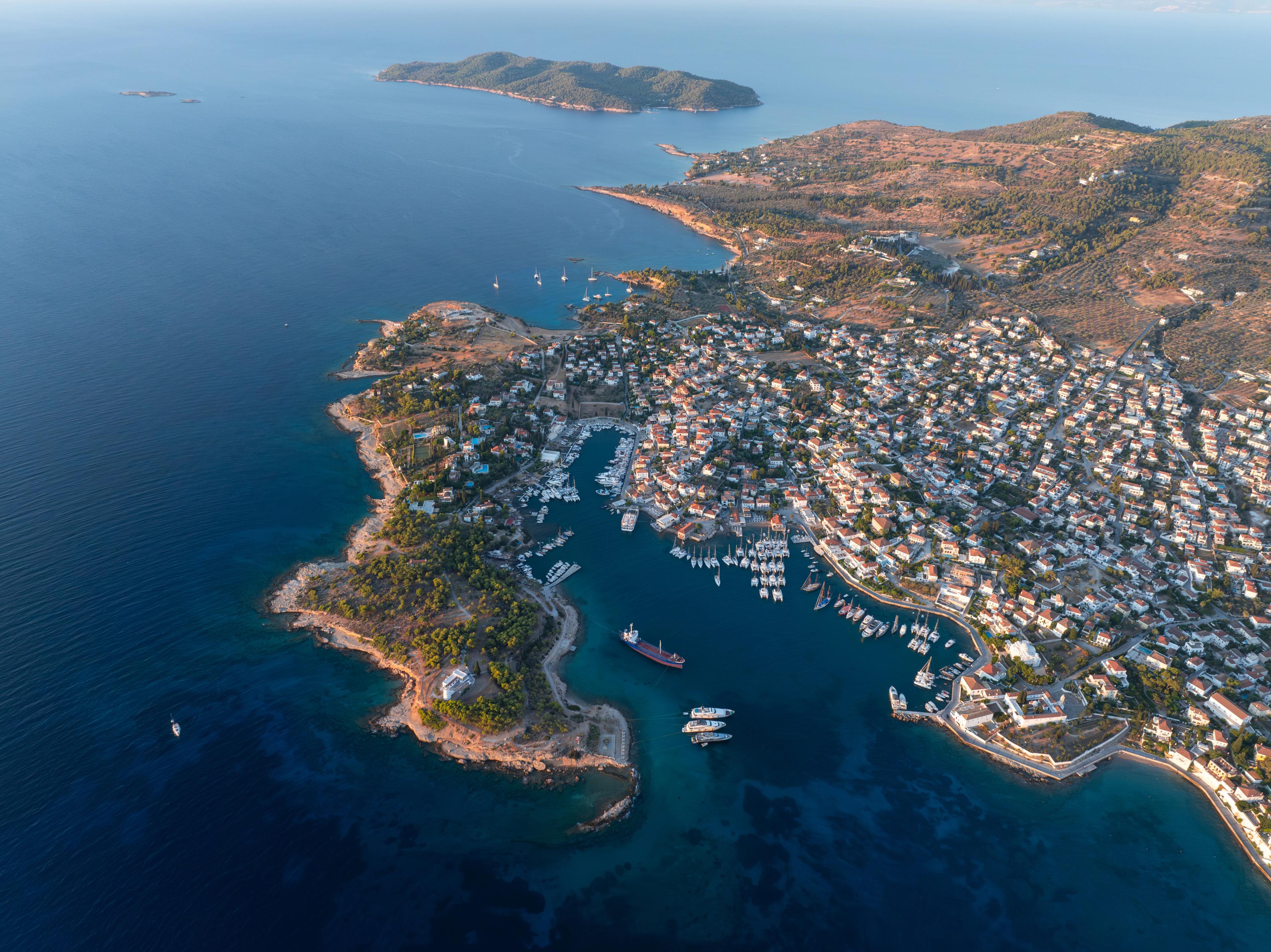 Aerial view of Spetses in Greece at sunrise