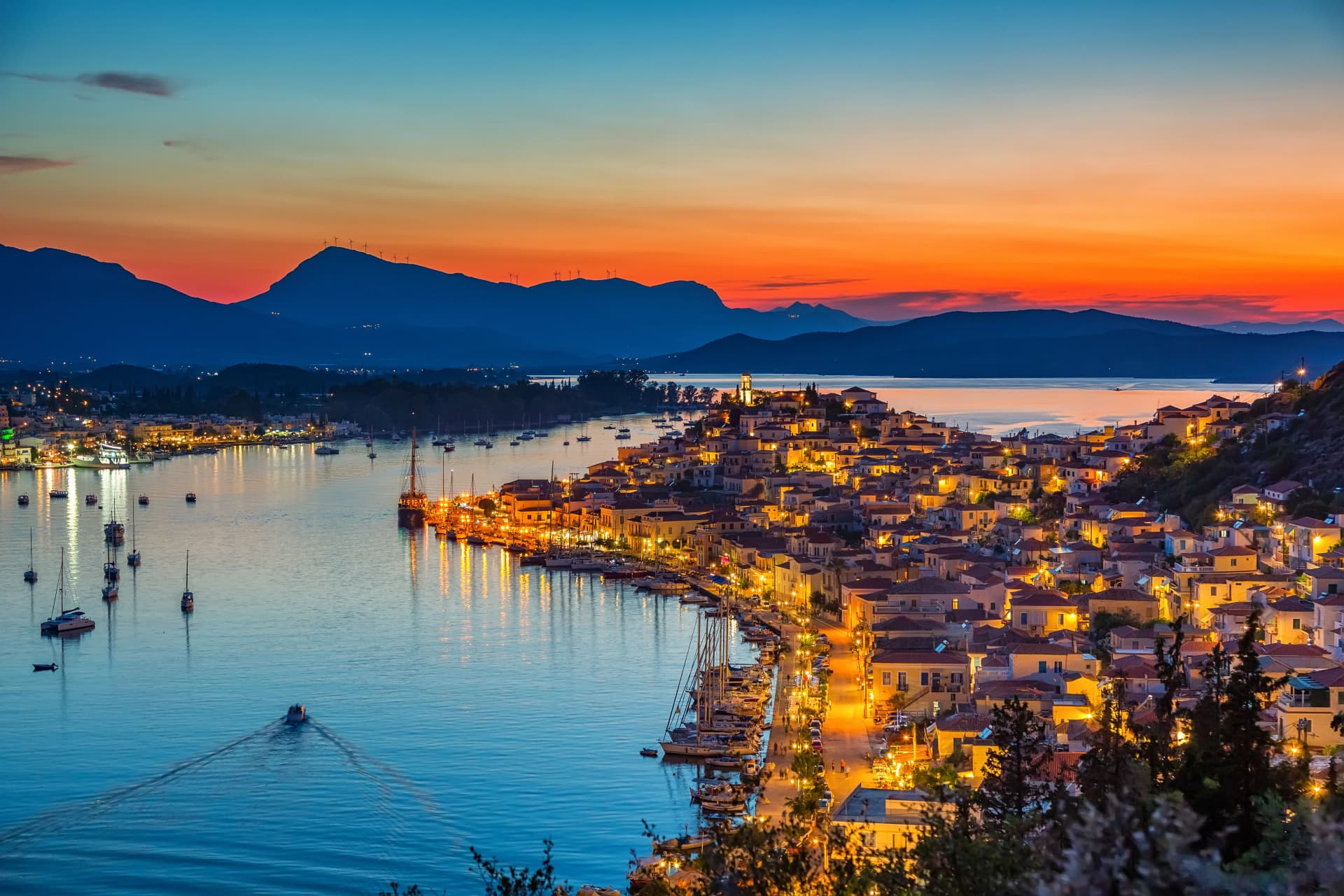 Greek town Poros at night, Greece
