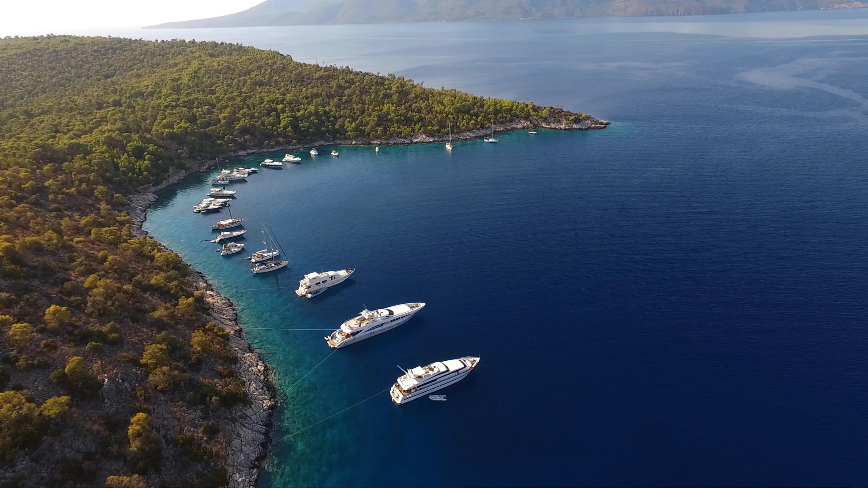 Aerial drone photo of Agistri island with clear waters, Saronic gulf, Greece