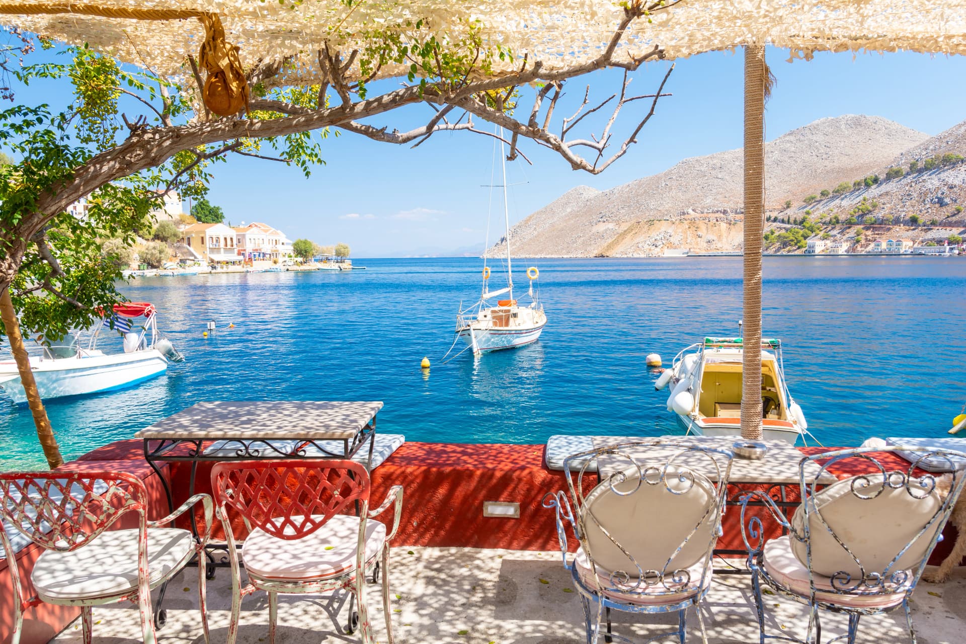 beautiful view on blue sea on Symi island in Greece