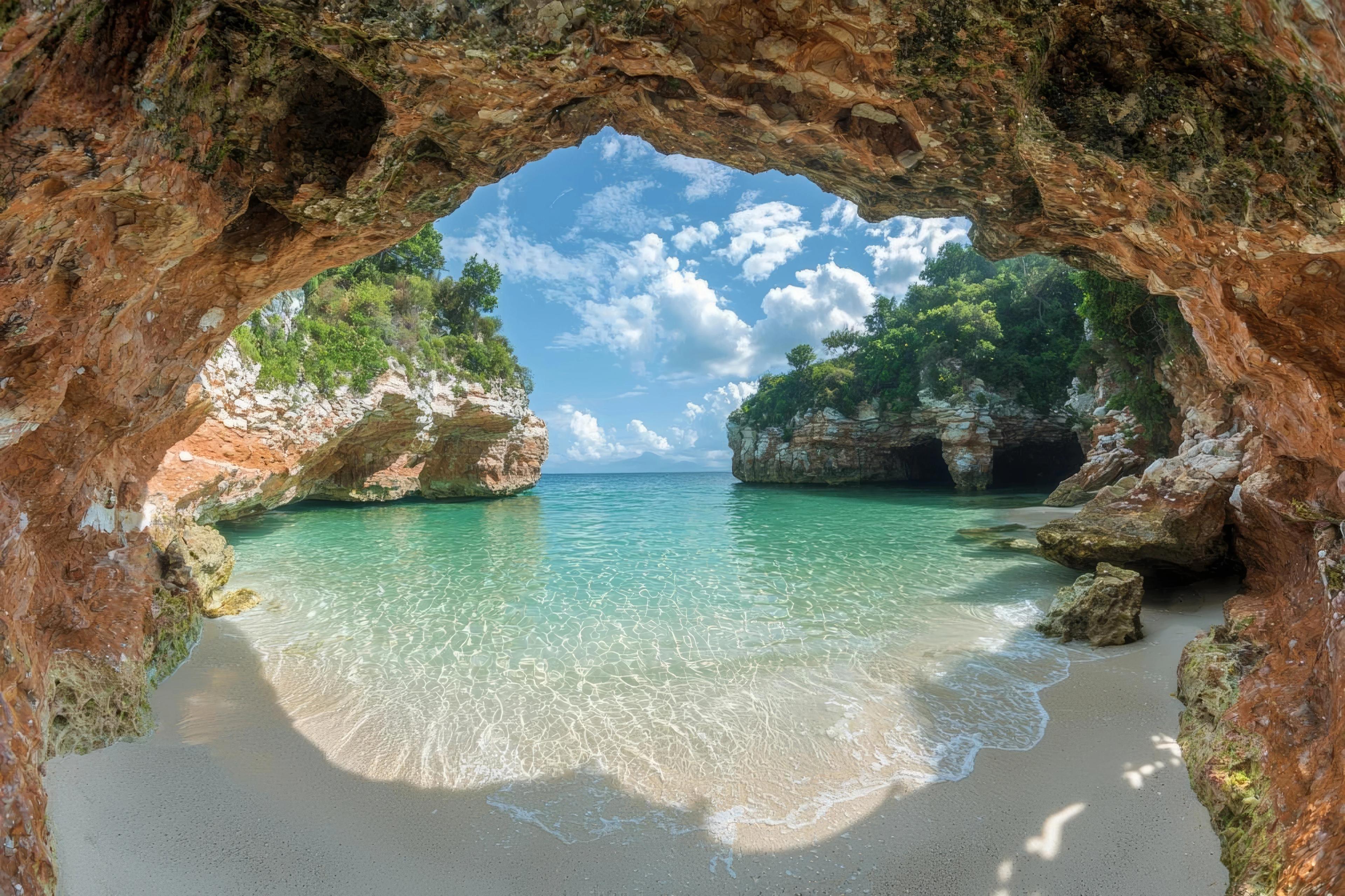 Underwater split photo of famous bay and sandy turquoise beach of Fanari with crystal clear calm sea and rich aquatic life in Ionian island of Meganisi