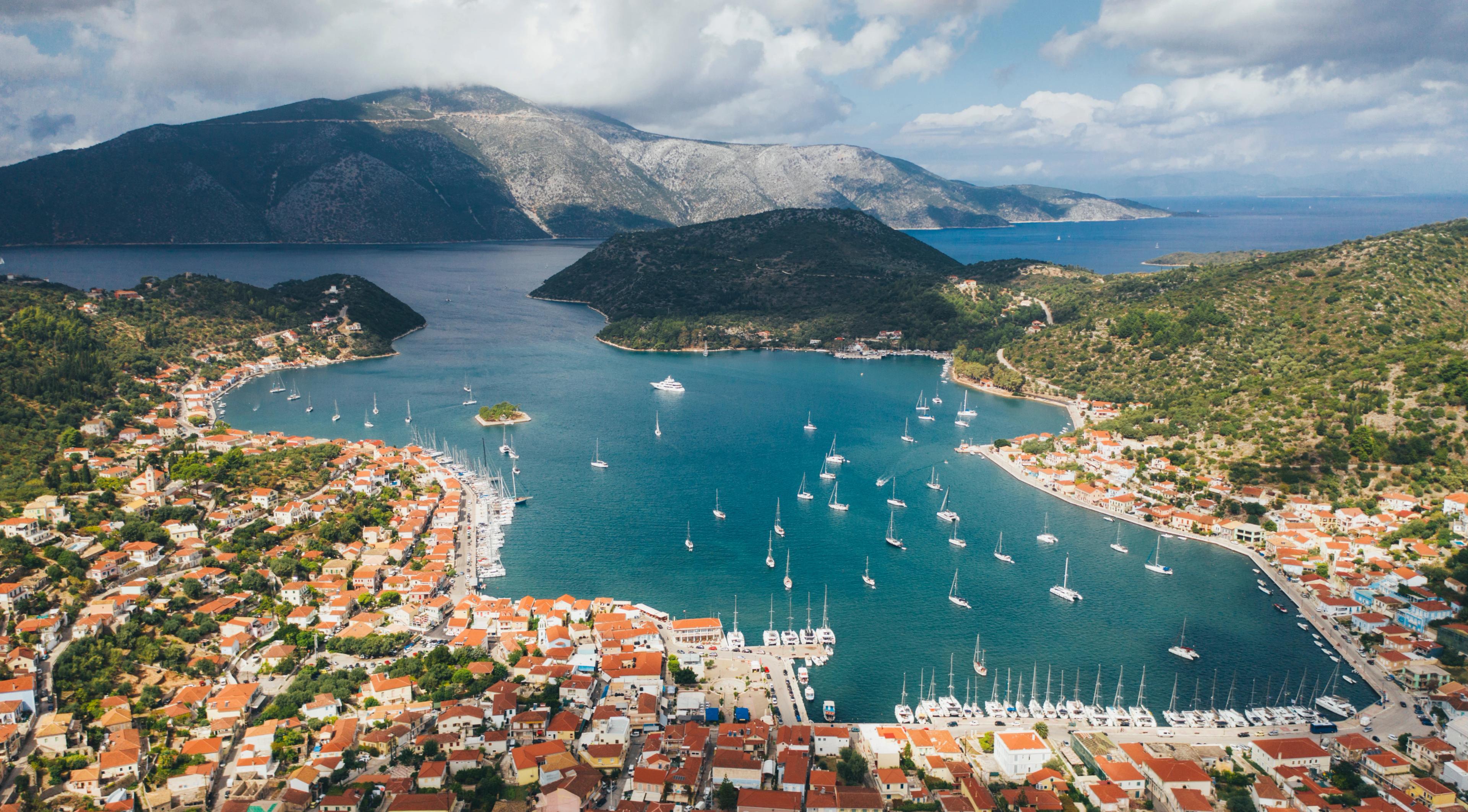 Aerial view to the bay of Vathi, Ithaca, Greece
