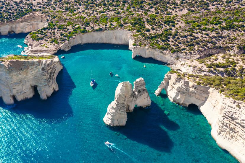 Panoramic view of Kleftiko Bay, Milos island, Cyclades, Greece