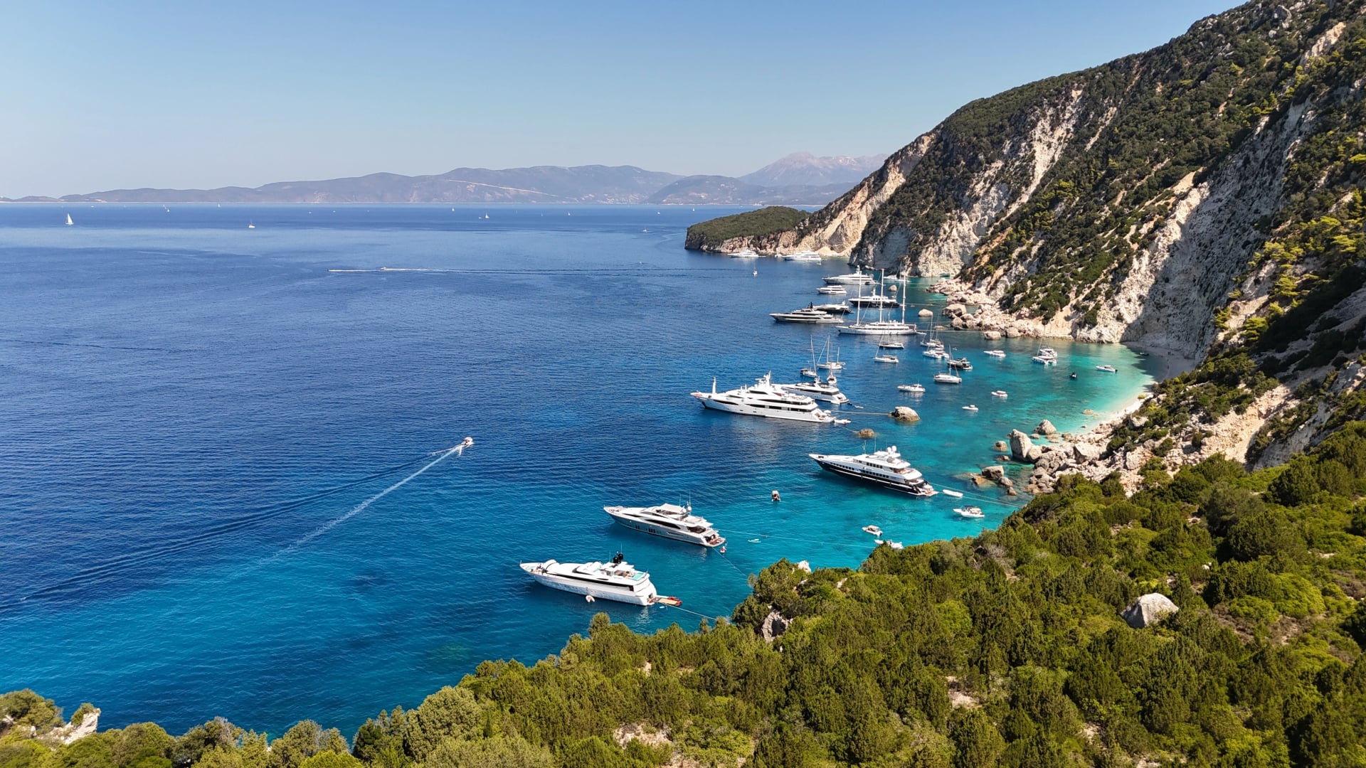Drone pictures of the stunning beaches of Ithaka and Kefalonia on the Greek Ionian Islands in the blue Mediterranean sea