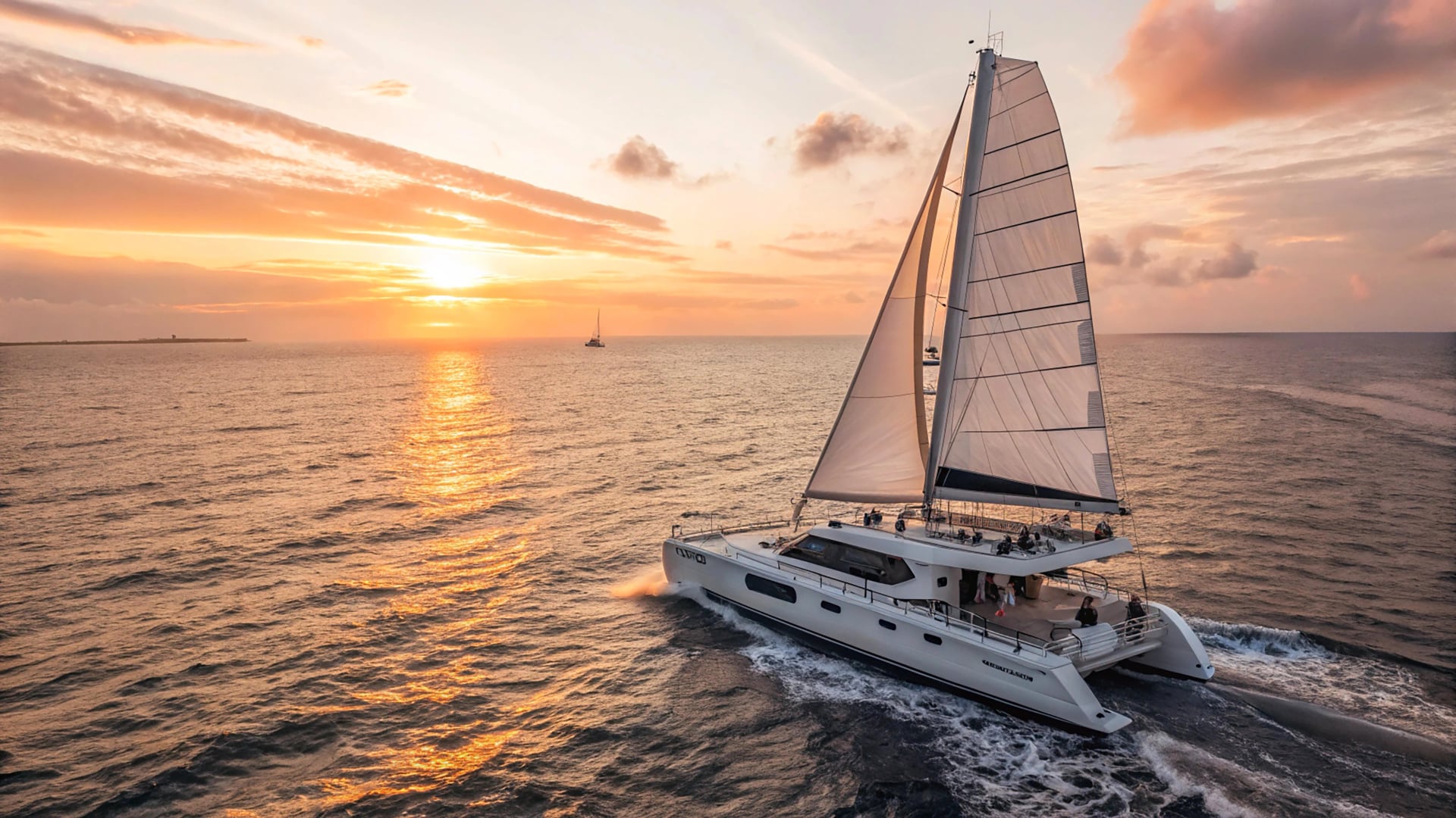 wide-angle sleek catamaran motor yacht gracefully slicing through sparkling ocean, its white sails billowing in gentle breeze as sun began to set on a balmy summer evening