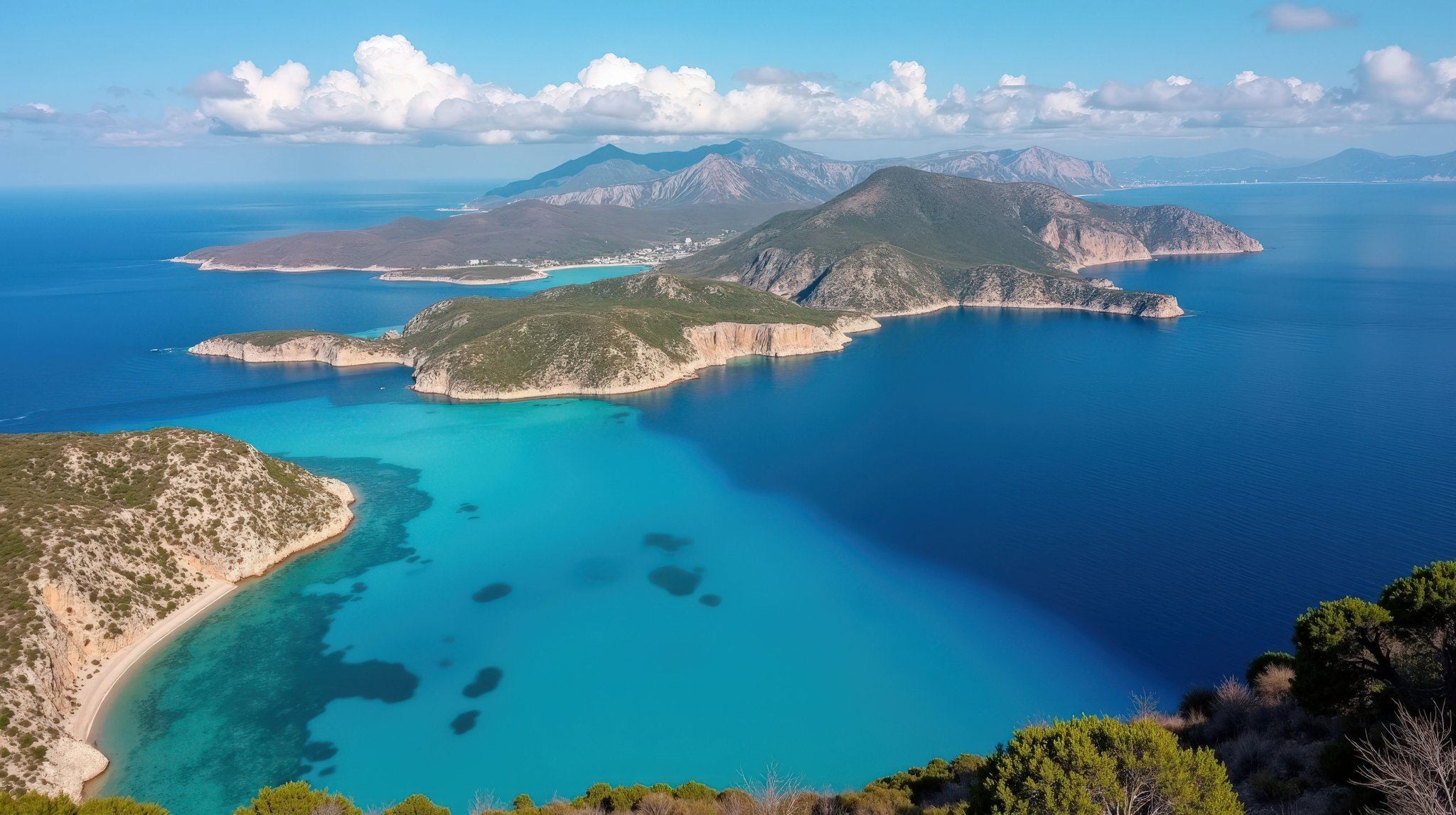 Paximadia Islands in Greece during midday, hot sunny summer weather, captured from above.